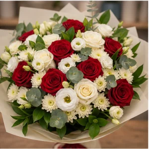 Livrare flori pentru propuneri de casatorie buchet alb rosu elegant - poza 2