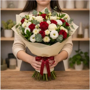 Livrare flori pentru propuneri de casatorie buchet alb rosu elegant - poza 3