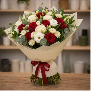 Livrare flori pentru propuneri de casatorie buchet alb rosu elegant - poza 4