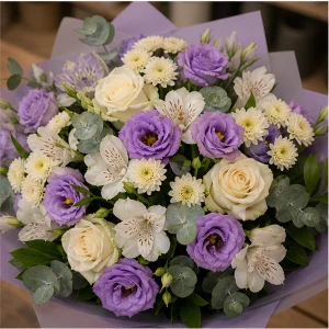 Livrare flori pentru propuneri de casatorie buchet lila si crem - poza 2