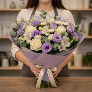 Livrare flori pentru propuneri de casatorie buchet lila si crem - poza 3
