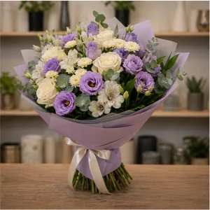 Livrare flori pentru propuneri de casatorie buchet lila si crem - poza 4