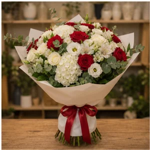 Livrare flori pentru propuneri de casatorie buchet premium rosu alb - poza 1