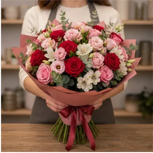 Livrare flori pentru propuneri de casatorie buchet romantic roz rosu - poza 3