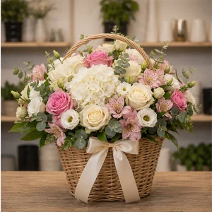 Livrare flori pentru propuneri de casatorie cos cu trandafiri si lisianthus - poza 1