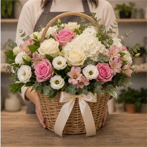 Livrare flori pentru propuneri de casatorie cos cu trandafiri si lisianthus - poza 3