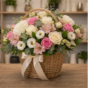 Livrare flori pentru propuneri de casatorie cos cu trandafiri si lisianthus - poza 4
