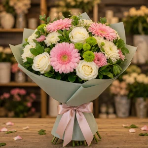 Livrare flori pentru Ziua Mamei buchet cu gerbera si trandafiri - poza 1