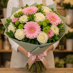 Livrare flori pentru Ziua Mamei buchet cu gerbera si trandafiri - poza 3