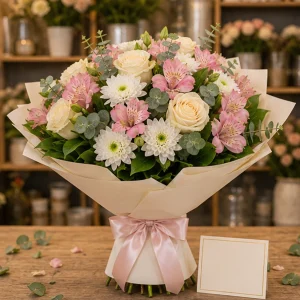 Livrare flori pentru Ziua Mamei pachet buchet si felicitare - poza 1