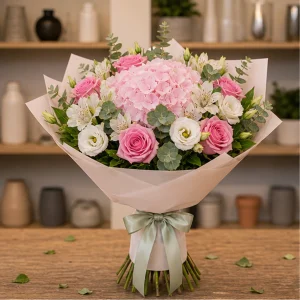 Livrari flori online Bucuresti buchet roz cu hortensie - poza 1
