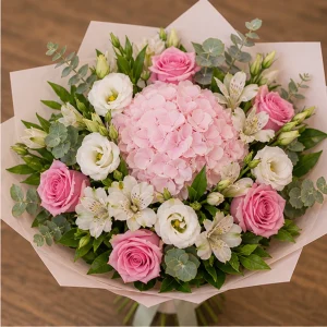 Livrari flori online Bucuresti buchet roz cu hortensie - poza 2