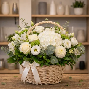 Livrari flori online Bucuresti cos floral alb crem - poza 1