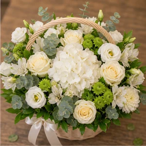Livrari flori online Bucuresti cos floral alb crem - poza 2